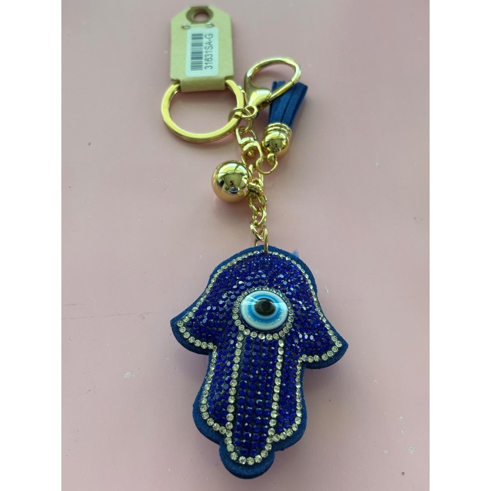 Hamsa Evil Eye Rhinestone Keychain, Blue Tassel